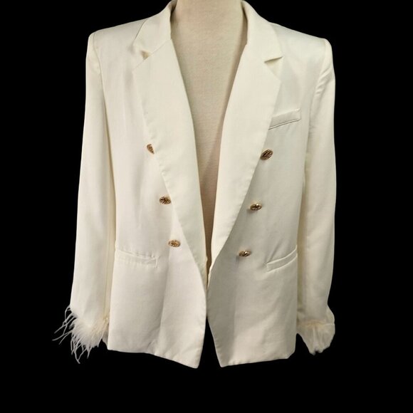 Shein Double Breast White Blazer Women Sz M Feather Cuff Lightweight Gold Button - Picture 3 of 9